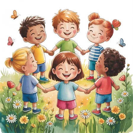 Illustration: Fröhliche Kinder halten Hände im Kreis – Selbstwert stärken – Monika Meier Kindertherapeutin